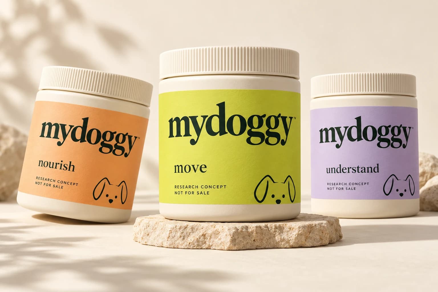 MyDoggy Move, Nourish and Understand packaging design concepts. Not manufactured or for sale.
